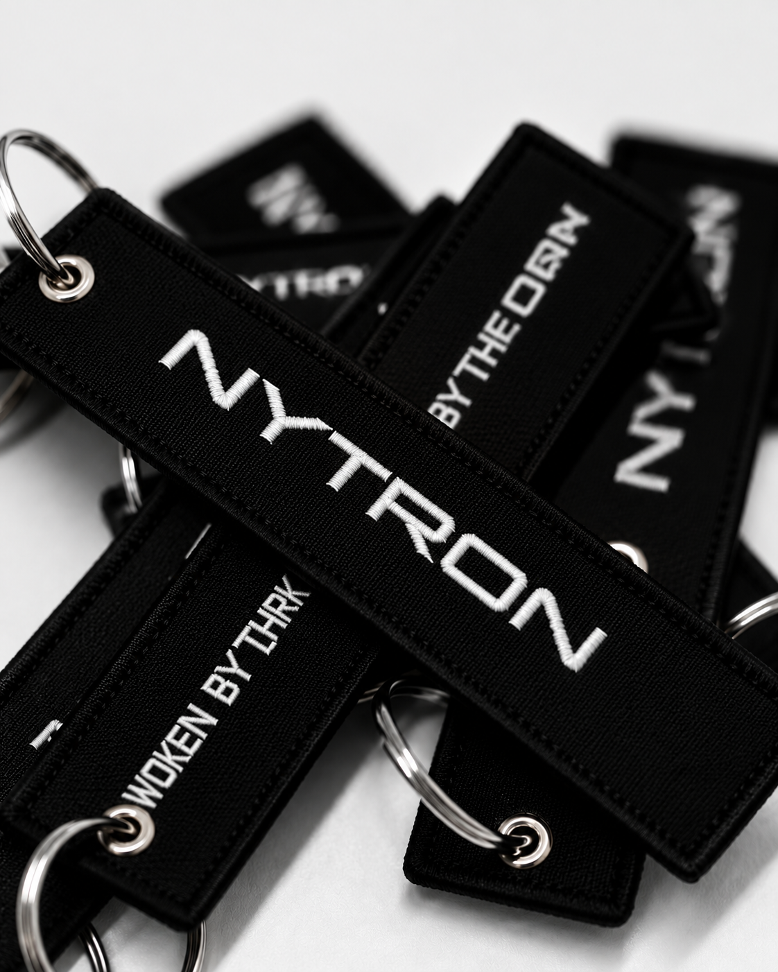 NYTRON embroidered motorcycle keychain, NYTRON wordmark face