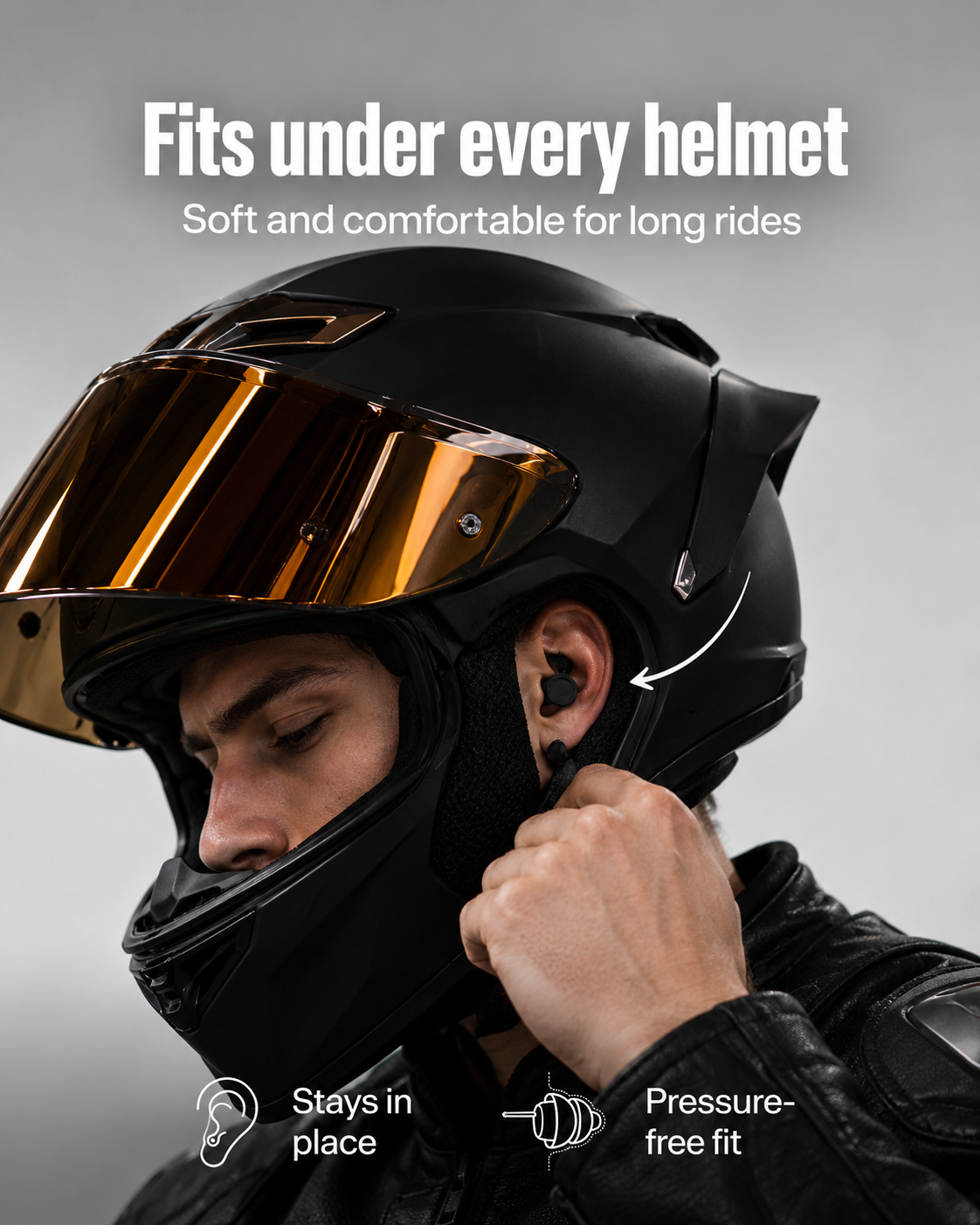 NYTRON motorcycle earplugs fit under a full face helmet